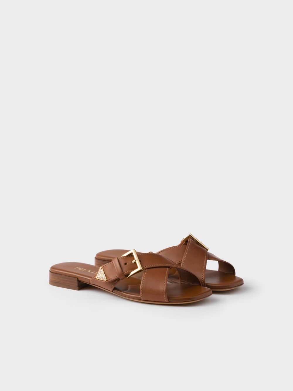 Prada Crisscross Leather Slide Sandals Brown Gold Logo Buckle 37.5 NWT - Picture 5 of 13